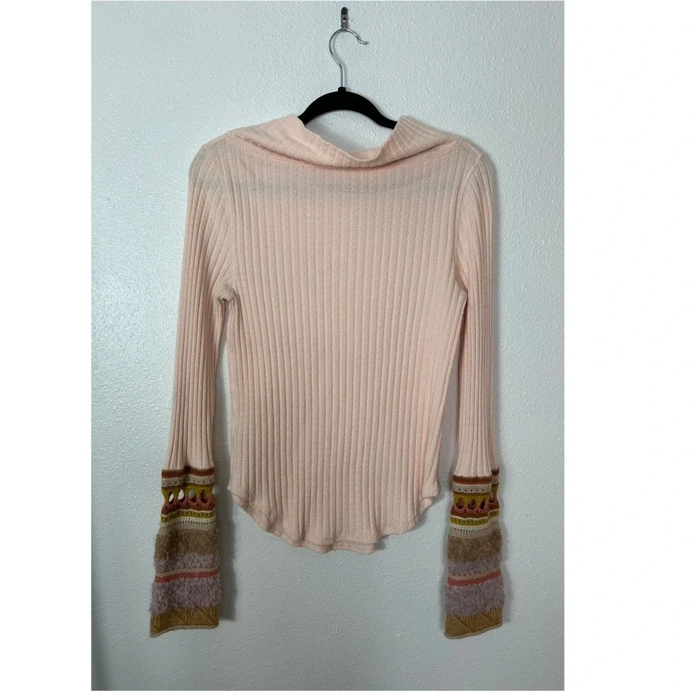 Free People Mixed up Cuff Thermal Sweater Top Peach Large Boho